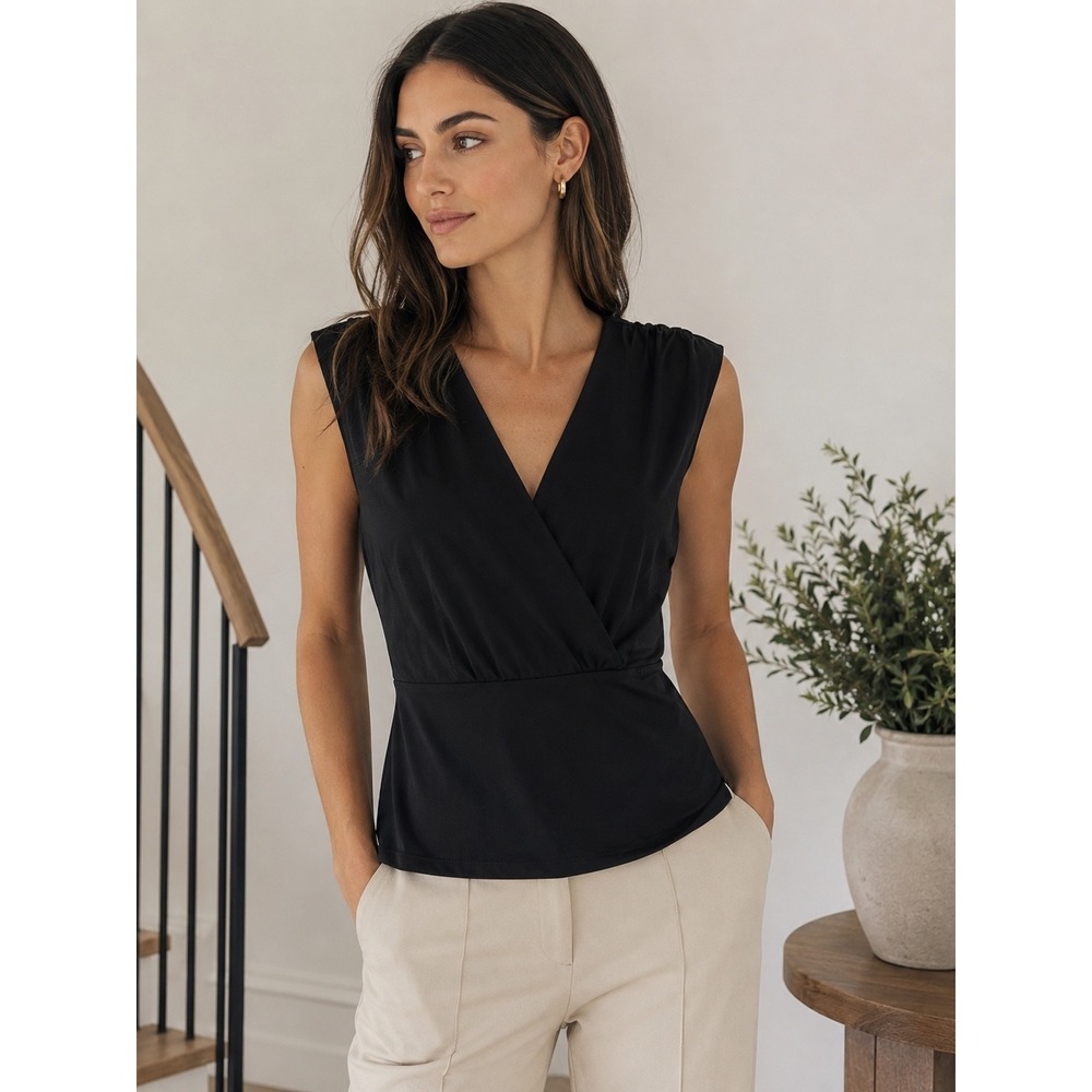 Spanx Smoothing Jersey Ruched Vneck Top Womens XS Black NEW 21657R Sleeveless